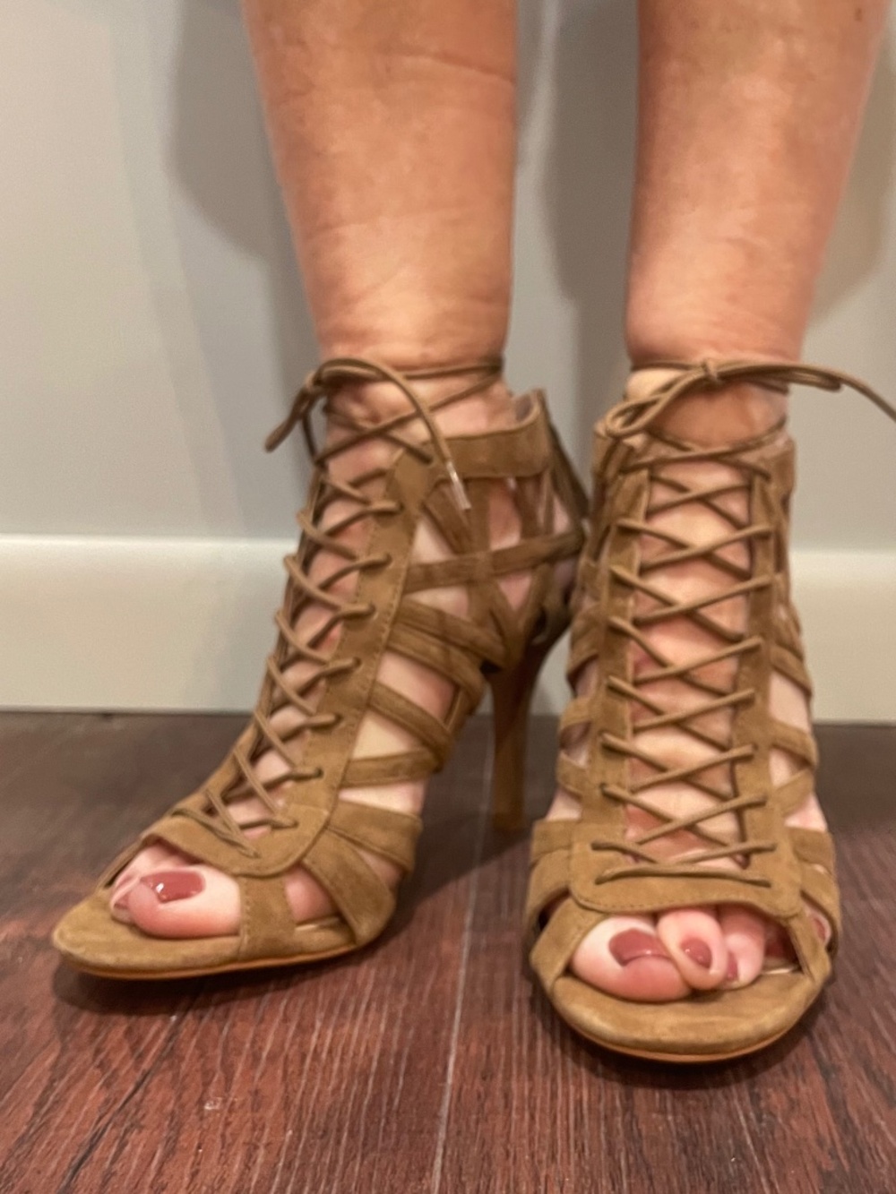 NNB SAKS 5th AVE Brown Suede Lattice Lace Up Heel Sandals